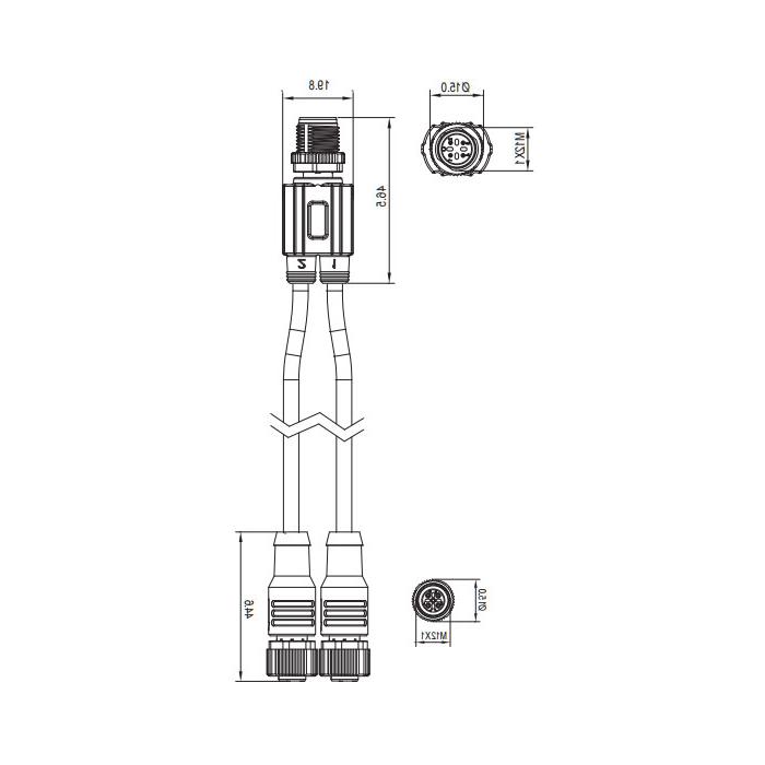 M12 4Pin male /2M12 3Pin female, Y-shape pre-cast PVC non-flexible cable, grey sheathing, 64D403-XXX